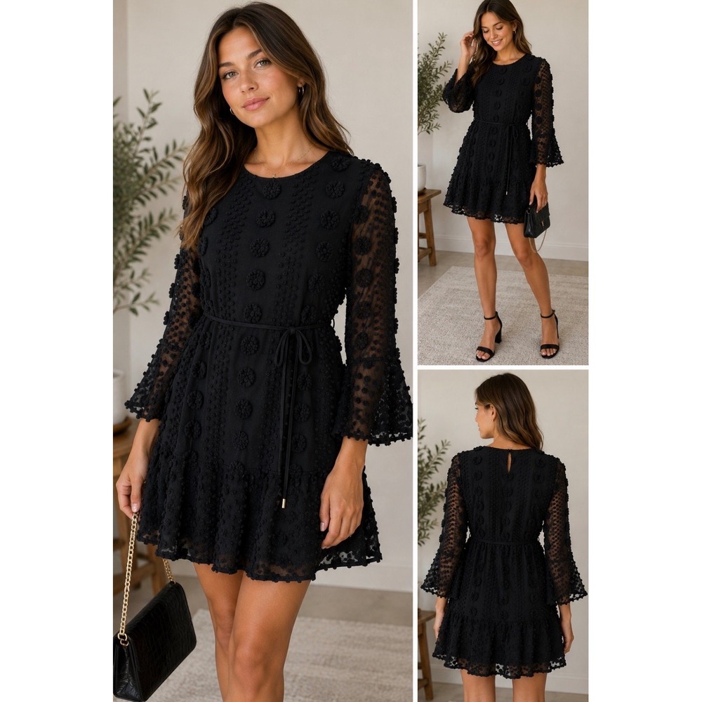 Entro Mini‎ Dress Women Large Black Swiss Dot Pom Pom Floral Bell Sleeve Ruffle